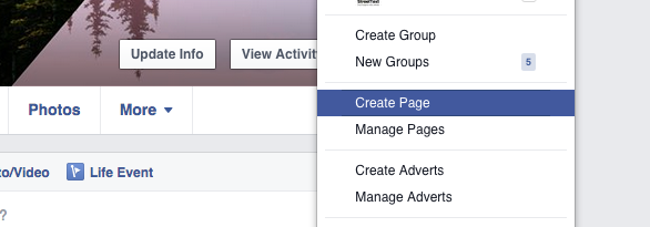 Pictured is the Create Page link in Facebook