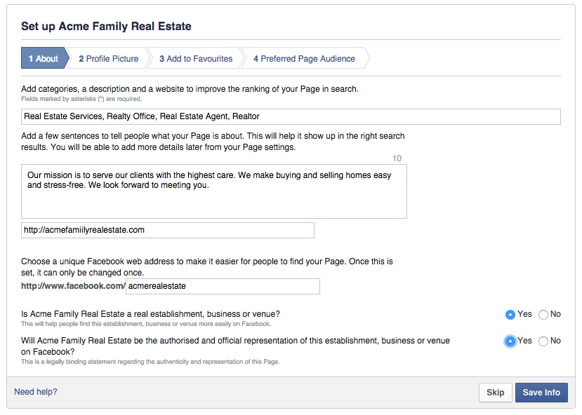 Form Facebook shows users when creating a local business facebook page