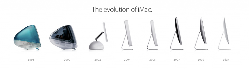 Photo showing the evolution of iMac technology since 1998 to today