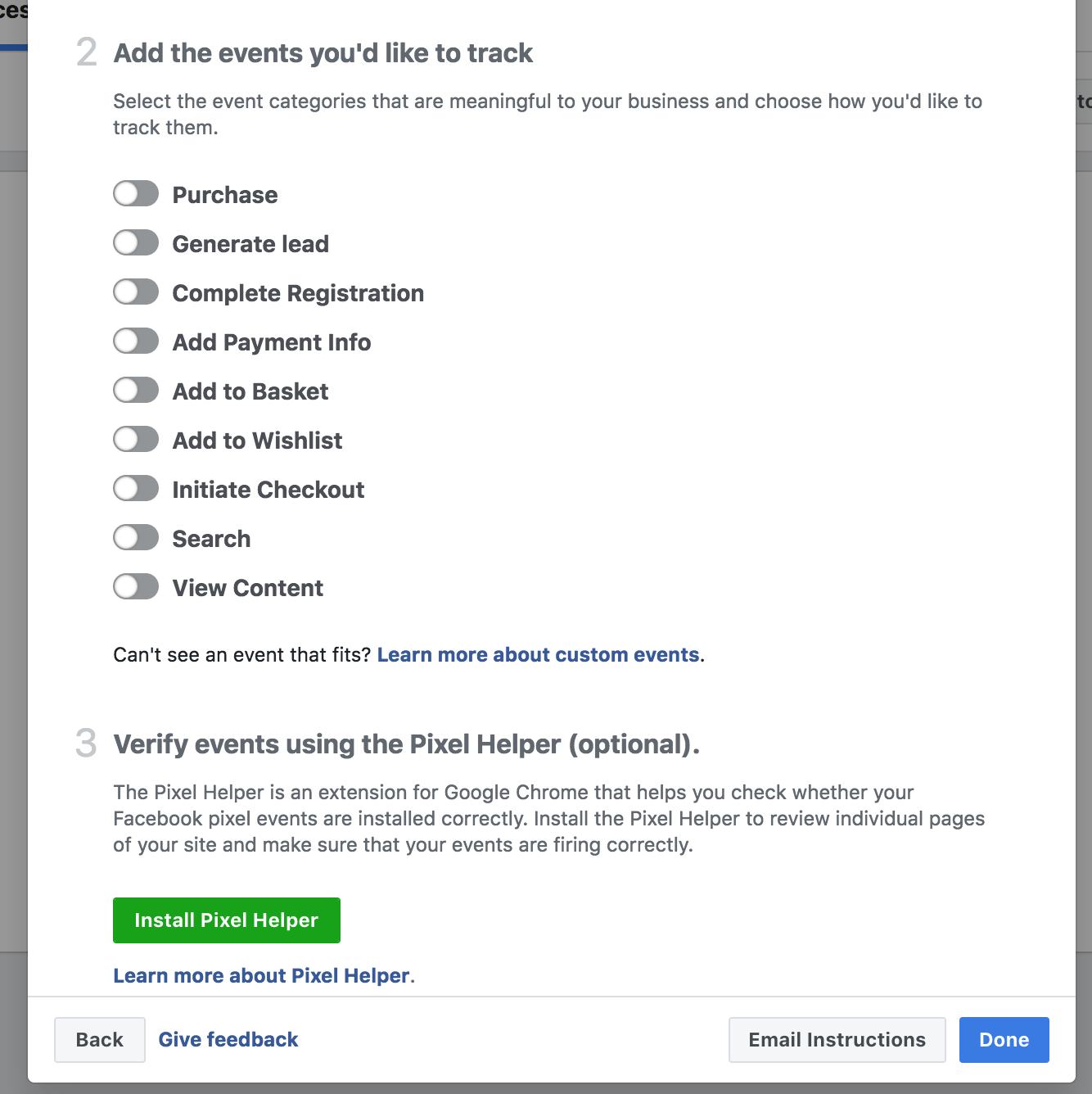 Add the events you want to track for Facebook pixel